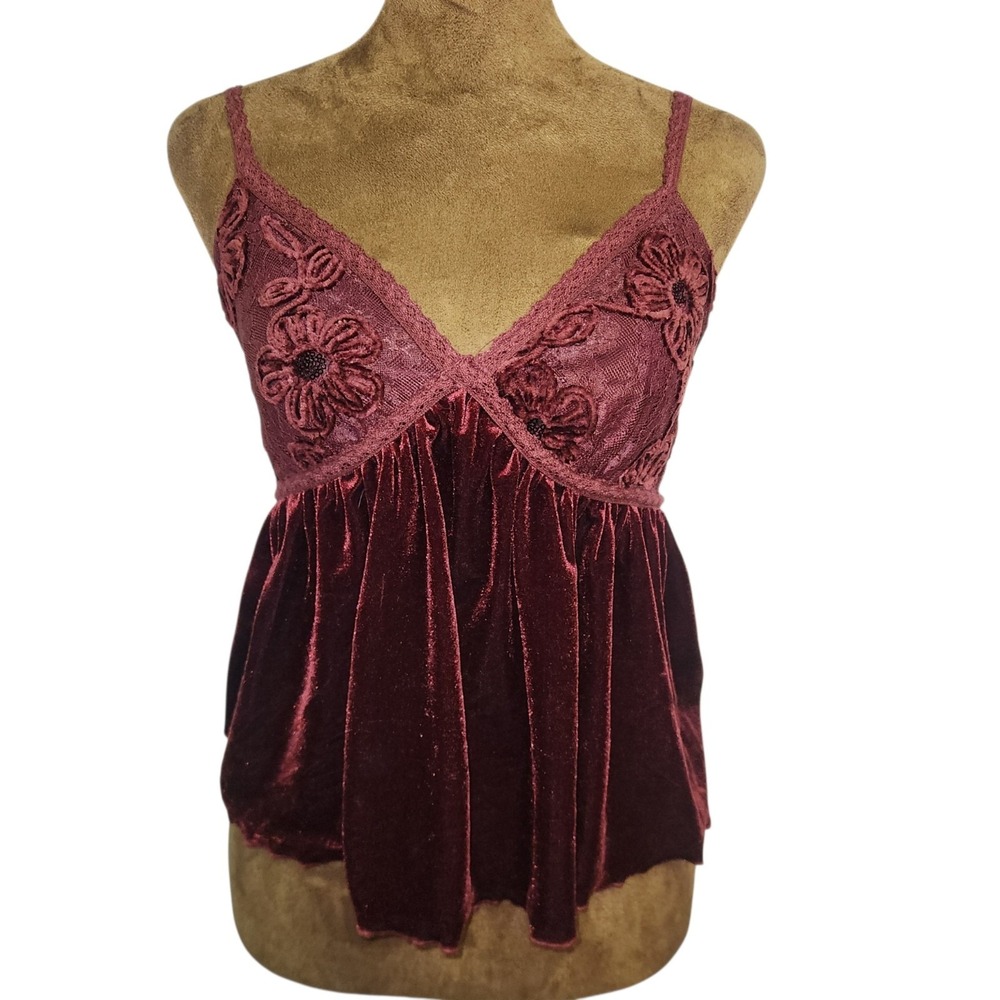 Cider Babydoll Top Burgundy Velvet Lace Rosette Sequin Cami Size XS Y2K Style
